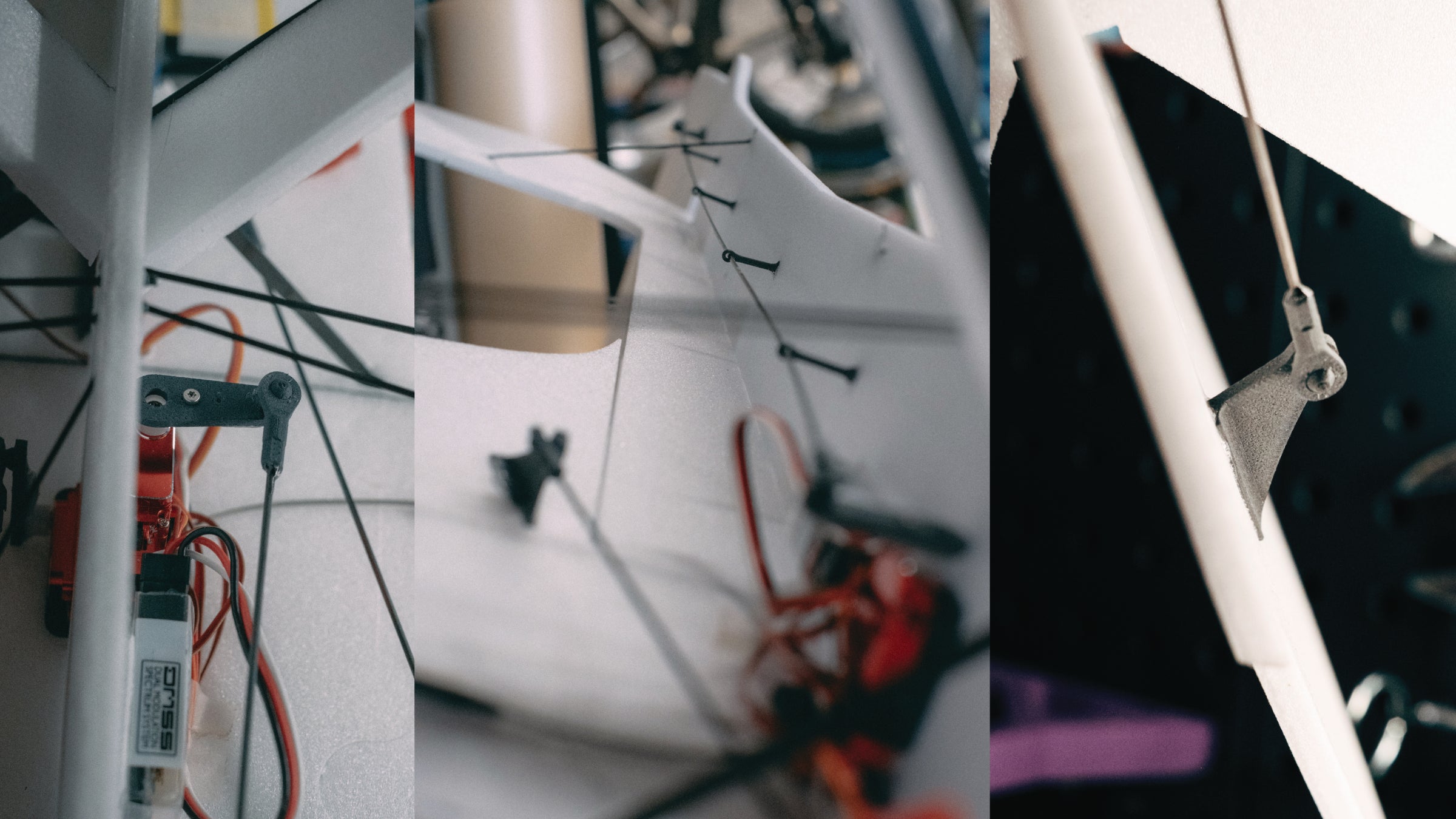 Multiple Close-up photos of RC servo electronic device with control horns attached on a blurred background