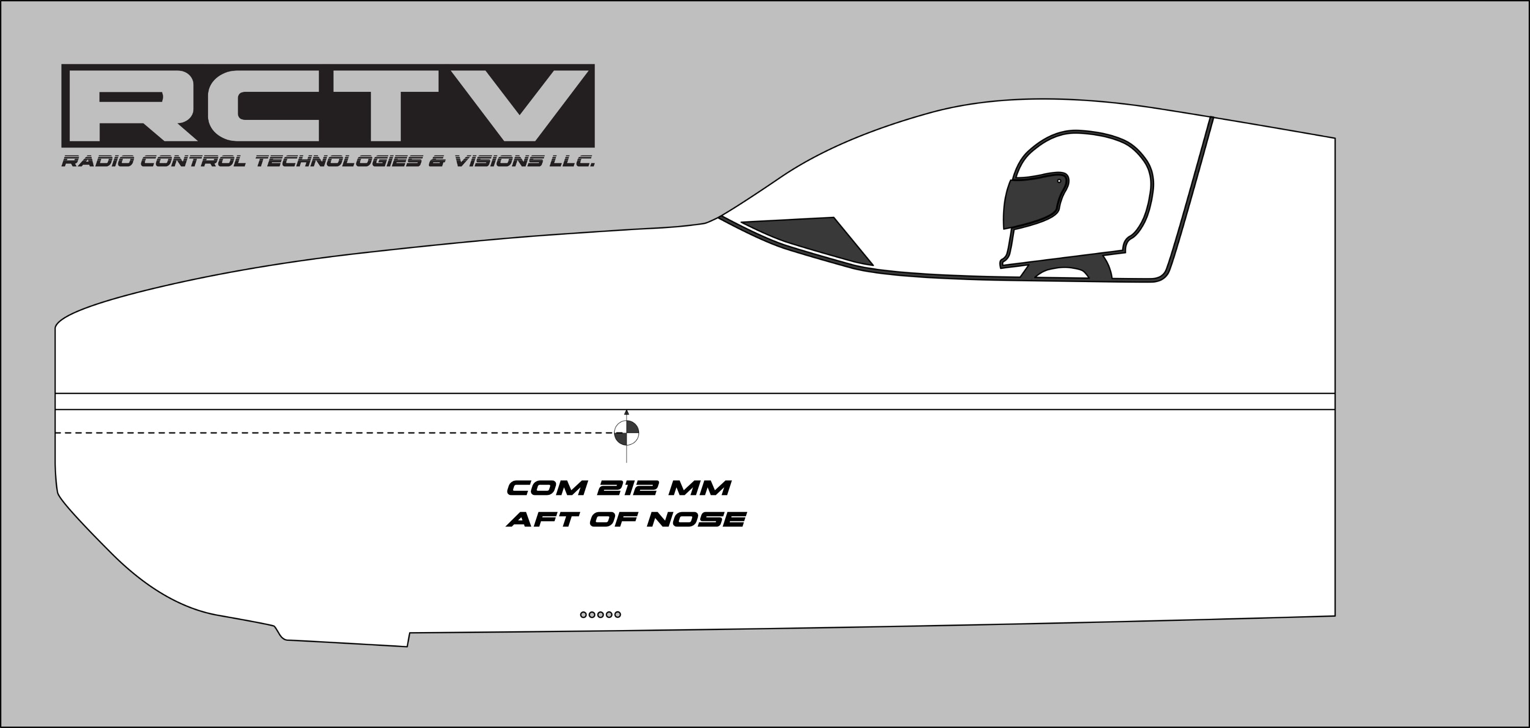 White model airplane body with black text on a gray background, featuring RCTV branding. Showing where the Center of Mass is measured at 