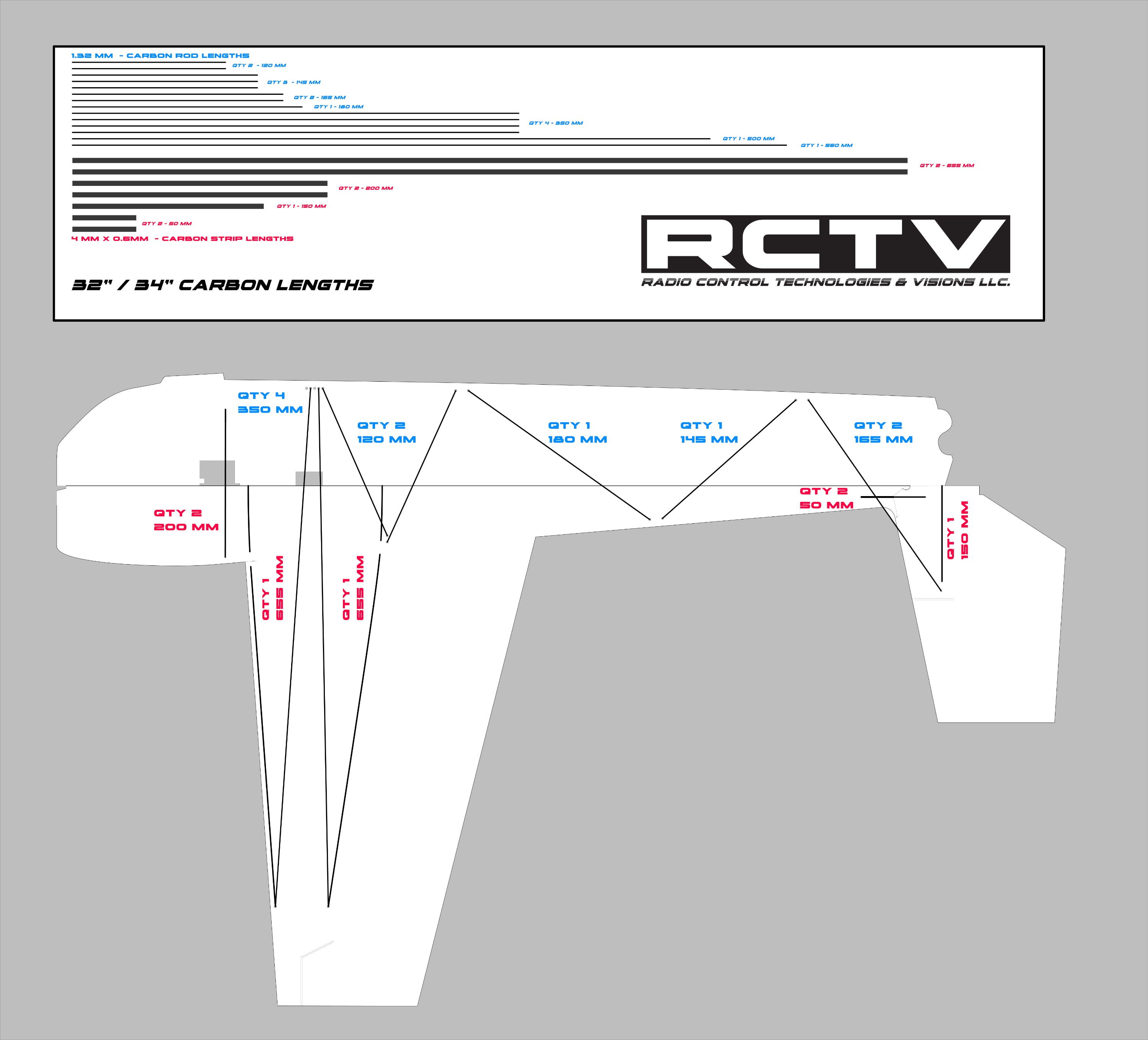 Technical drawing of a carbon fiber component layout with RCTV branding on a gray background